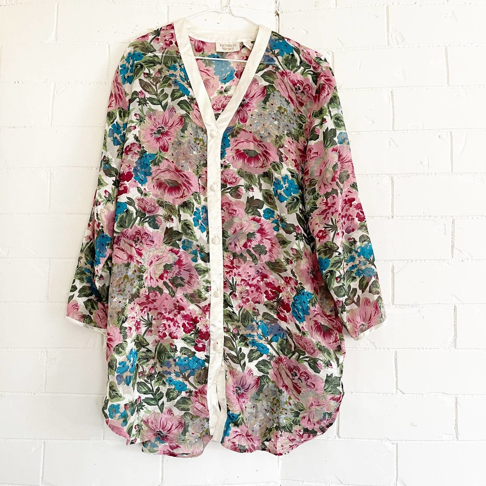 VICTORIA'S SECRET Vintage Gold Label Satin Floral Sleep Shirt Dress Small S